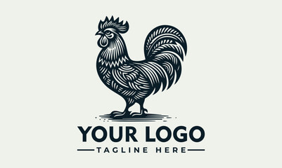 Rooster standing upright with detailed feather texture and large tail in bold monochrome illustration style. Animal concept  © nuaari