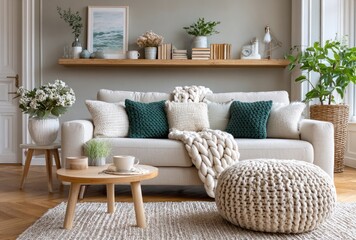 Beige sofa with green pillows and a wooden shelf in the boho interior of a living room