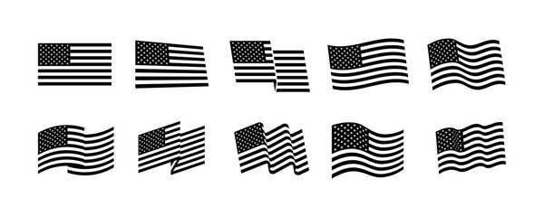 Obraz na płótnie Canvas Black and white USA flag icons in various waving and static styles. Set of American national flag symbols isolated on white background for banner, header and poster design