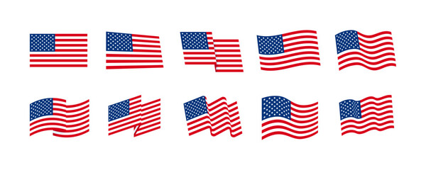 Set of waving and static USA flags in various shapes. American national flag icons with stars and stripes. Vector symbols isolated on white background for banner, poster and design