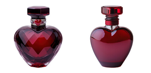 Two elegant perfume bottles of heart-shaped are presented, filled with a rich red liquid. One bottle has a clear, textured surface, while the other appears smooth