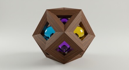 3D Rendering of Wooden Geometric Icosahedron with Spherical Elements