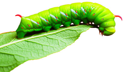 Close-up of a green caterpillar resting on a leaf, transparent background png
