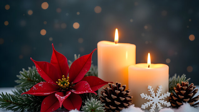 Christmas still life with burning candles, poinsettia, pine cones and snowflake on snow