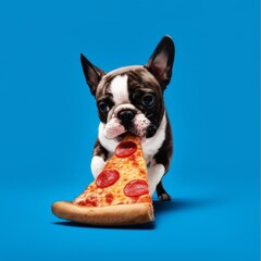 Puppy Eating a Slice of Pepperoni Pizza on Blue Background