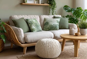 Beige sofa with green pillows and wooden shelf in a boho-style interior of a living room at home