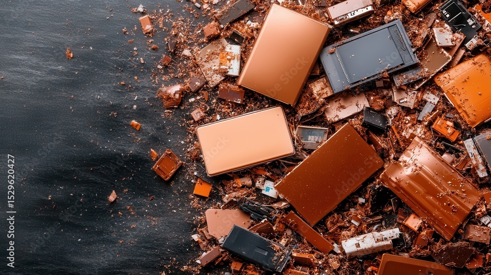 Poster this image showcases a collection of shiny copper and brown tech components scattered on a surface, 