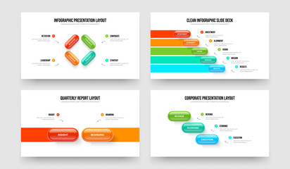 Modern Review Four Five Two Three Step Diagram Slideshow Design Vector Illustration Set. Professional Growth 4 5 2 3 Option Infographic Slide Template Collection.