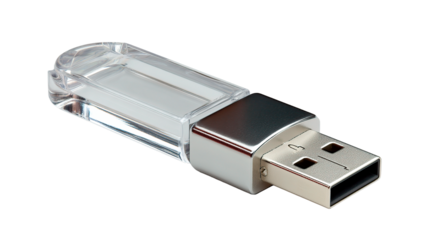 A sleek, transparent USB flash drive isolated against a dark backdrop, perfect for tech themes.