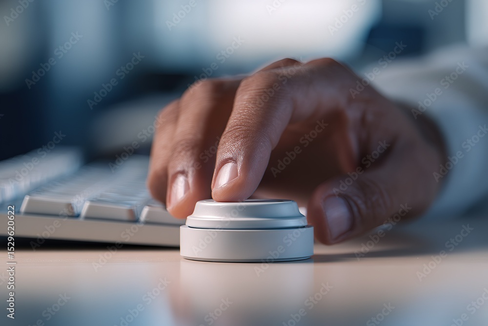 Poster hand reaching for a control knob next to a computer keyboard in an office setting