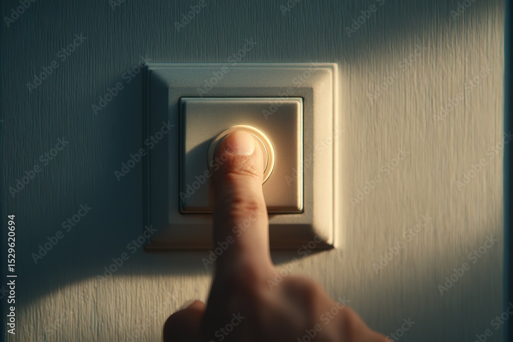 Aufkleber hand pressing light switch in a softly lit room during evening hours creating a warm atmosphere