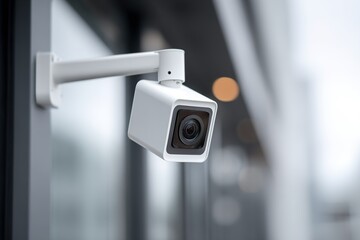 Naklejka premium Security camera mounted on a building corner with modern design and urban backdrop in a city setting