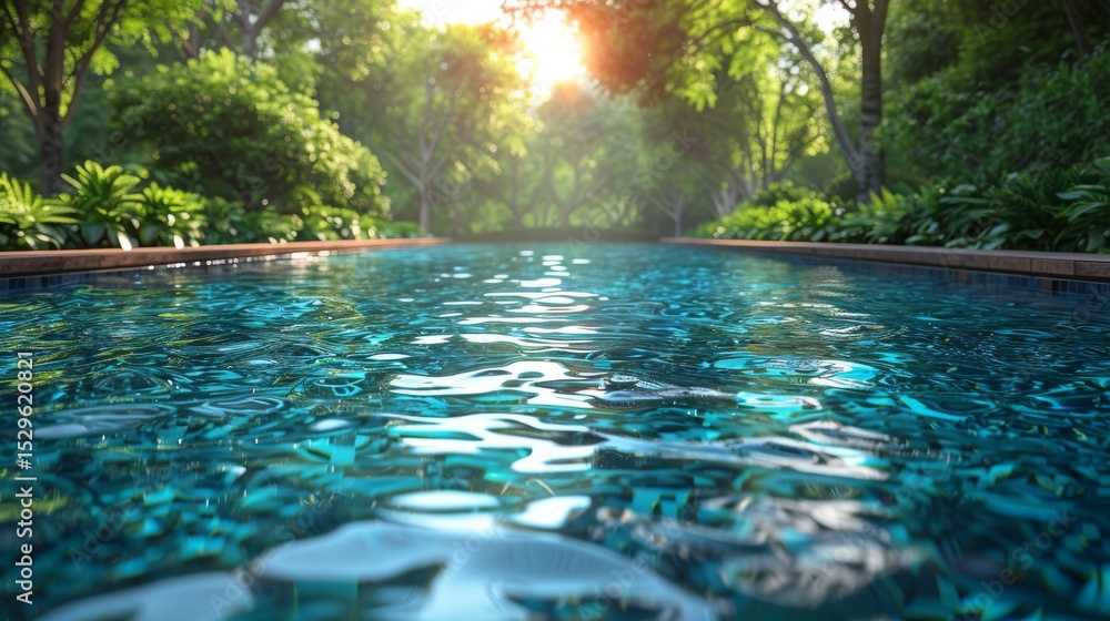 Poster a stunning view of a tranquil pool surrounded by lush greenery, capturing the reflections of trees a