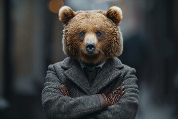 A bear adorned with a smart coat and expressive eyes stands confidently, highlighting an intriguing blend of wildlife and human-like sophistication in a unique artistic portrayal.