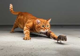 Ginger cat with a small grey mouse on a grey background