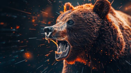 A powerful grizzly bear roars, showcasing its strength and fierceness, surrounded by a blurred, dynamic background emphasizing its wild nature and intensity in the image.