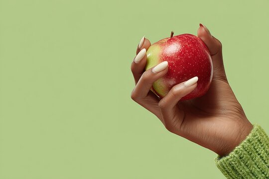 Fresh red apple held in hand with green background showcasing healthy lifestyle and choice