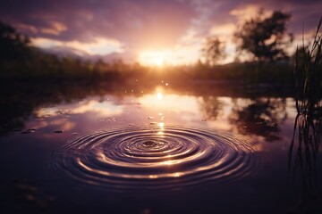 Ripples of water reflect sunset glow over serene lake in tranquil evening