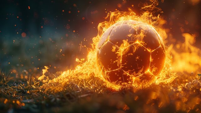 An explosive soccer ball bursts into flames while rolling across a vibrant field, symbolizing passion, energy, and the thrill of the game in a dynamic sports setting.