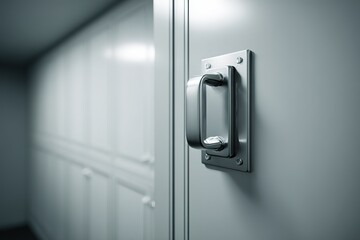 Metal handle on a storage cabinet with a smooth gray finish in a modern interior setting