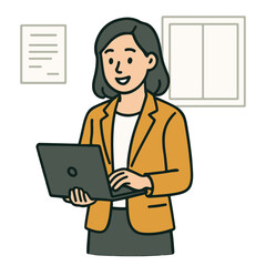 a woman standing in an office with a laptop. vector illustration	