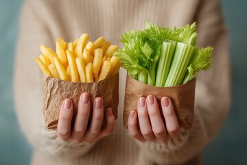 Woman holding two paper containers with French fries and fresh green celery stalks. Conceptual image of food choice between junk snack and healthy vegetables.