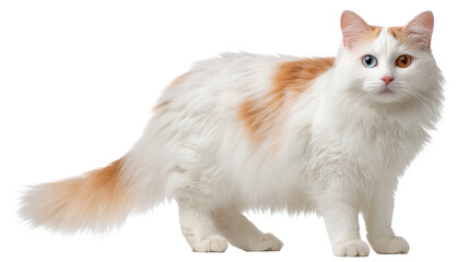 This stunning cat with unique eyes has a beautiful white and orange coat.