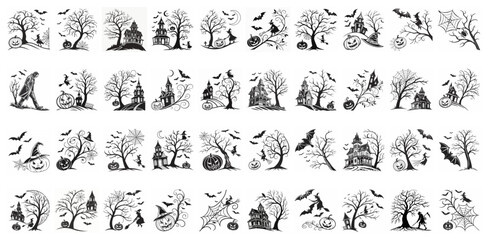 Haunted House Halloween Vector Set - Haunted castle, bats, trees, pumpkins, dead trees and spooky silhouettes for parties, posters t-shirt designs and print designs.