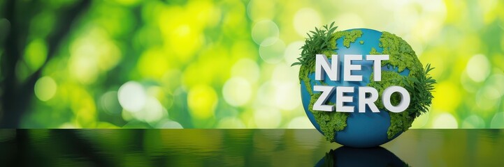 Earth globe displaying the message net zero, surrounded by a bokeh effect of green foliage.