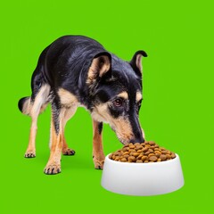 A dog eating from a bowl against a green background