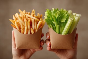 Woman holding two paper containers with French fries and fresh green celery stalks. Conceptual image of food choice between junk snack and healthy vegetables.