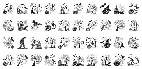 Fototapeta premium Haunted House Halloween Vector Set - Haunted castle, bats, trees, pumpkins, dead trees and spooky silhouettes for parties, posters t-shirt designs and print designs.