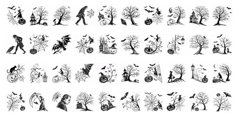 Fototapeta premium Haunted House Halloween Vector Set - Haunted castle, bats, trees, pumpkins, dead trees and spooky silhouettes for parties, posters t-shirt designs and print designs.