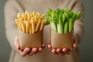 Woman holding two paper containers with French fries and fresh green celery stalks. Conceptual image of food choice between junk snack and healthy vegetables.