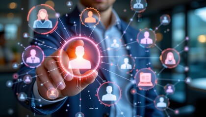 customer relationship management crm concept customer data and marketing database system businessman touching customer icon client   style raw   stylize 750   no text,letters