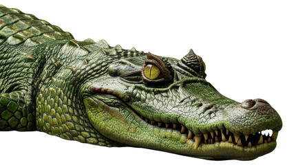 Detailed close-up of a green alligator head, smiling, transparent background png