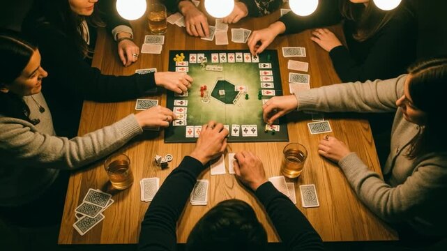 Group of friends engage animatedly in a board game around a wooden table under warm lamplight, enjoying drinks and camaraderie, ideal for illustrating leisure, friendship, and social interactions