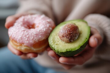 Close-up of woman’s hands offering a pink donut with sprinkles and a ripe avocado half. A soft pastel-toned outfit creates a cozy lifestyle contrast between indulgent treat and healthy food.