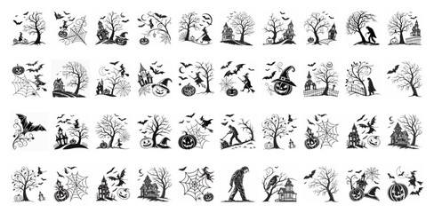 Haunted House Halloween Vector Set - Haunted castle, bats, trees, pumpkins, dead trees and spooky silhouettes for parties, posters t-shirt designs and print designs.