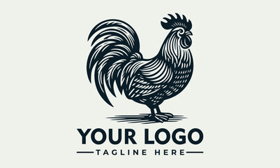 Rooster standing upright with detailed feather texture and large tail in bold monochrome illustration style. Animal concept
