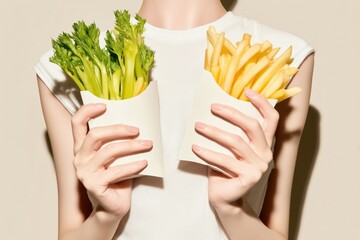 Woman holding celery sticks and french fries in white paper boxes. Healthy vs fast food concept with soft lighting, minimalist beige background and elegant fashion styling.