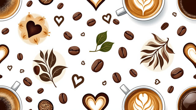 Coffee cup with latte art and coffee beans seamless pattern with heart shapes and leaves, warm and cozy design for print or textile