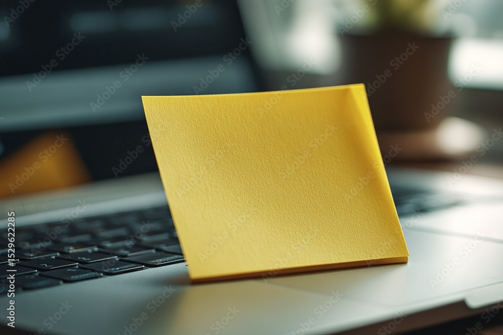 Poster yellow sticky note placed on laptop keyboard, symbolizing reminders and organization in a workspace 