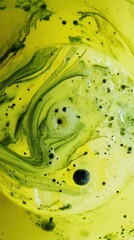 Close-up of iced matcha lemonade with swirling patterns and dark droplets. Abstract top view of green tea mixing with lemon juice and ice cubes in bright yellow light.