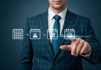 Businessman manages project schedule efficiently using digital calendar alerts and task management system for timely completion.