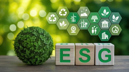 Wooden blocks with the letters ESG and a green sphere.