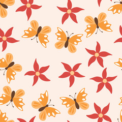 Seamless blooming floral pattern based on hand drawn art ornaments. Colorful flowers, leaves, plants on color background. Vector illustration. Simple minimalistic pattern for fabric, textile.