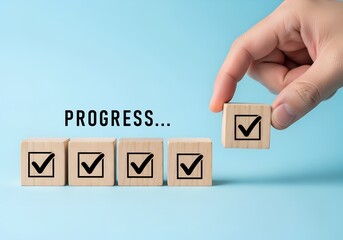 Achieve Your Goals with Checkmarks Progress Blocks Wooden Cubes Concept Success Planning Business Strategy