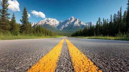 A stunning view of a long, empty road leading towards majestic mountains under a bright blue sky, showcasing the beauty of nature and adventure in driving.