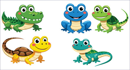 Fototapeta premium Cartoon Crocodile Frogs And Turtle Lizards Vector Illustration Set Isolated